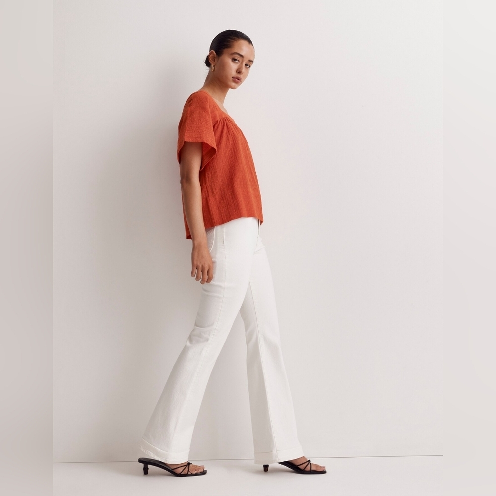 Madewell Square-Neck Short-Sleeve Popover Top in Windowpane Size XS